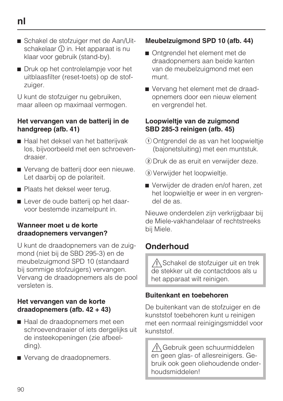 Onderhoud | Miele S 5381 EcoLine User Manual | Page 90 / 128