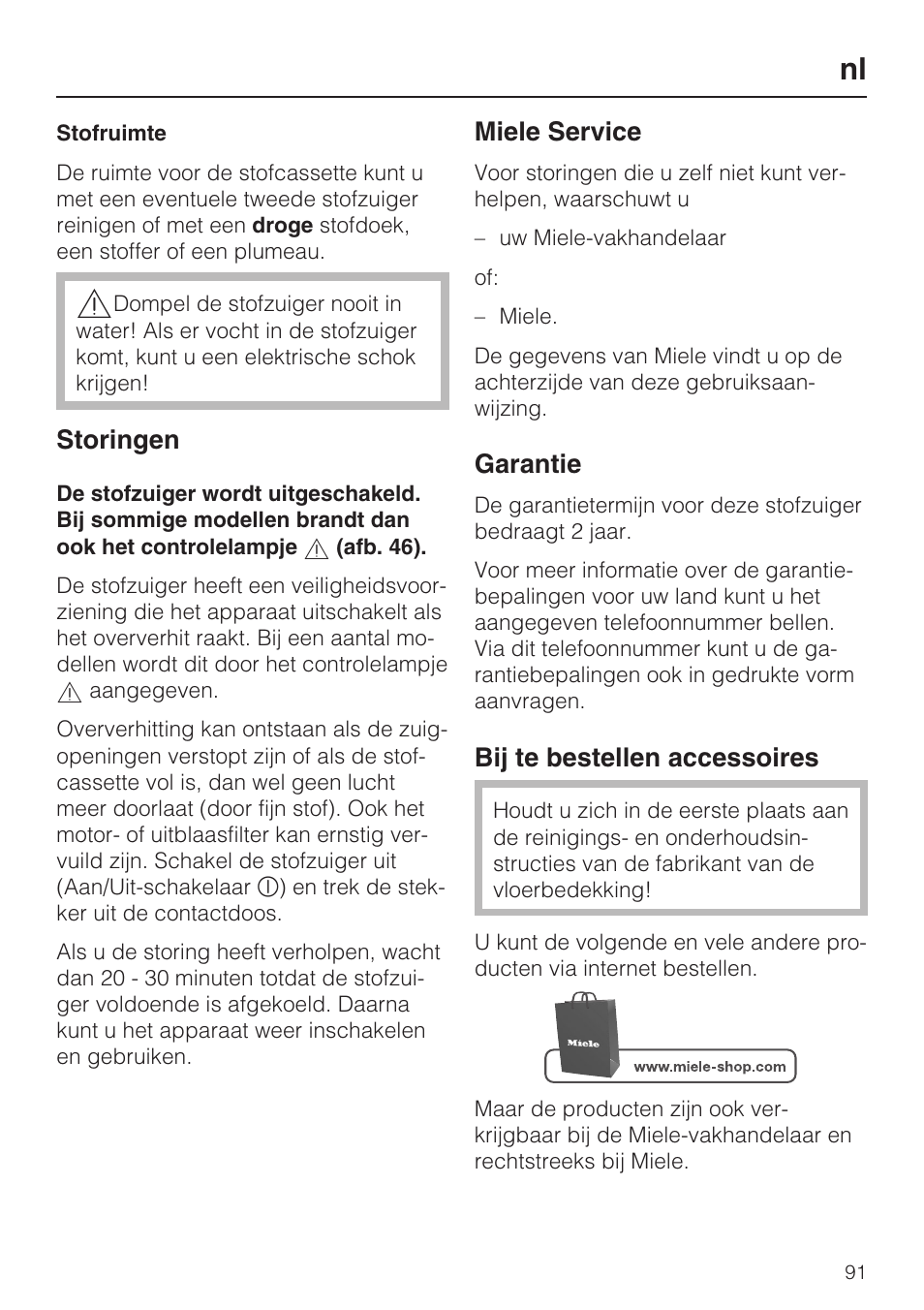 Storingen, Miele service, Garantie | Bij te bestellen accessoires | Miele S 5381 EcoLine User Manual | Page 91 / 128