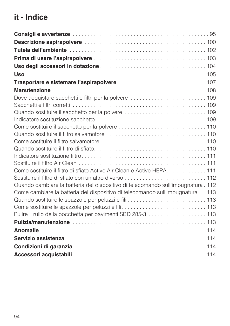 It - indice | Miele S 5381 EcoLine User Manual | Page 94 / 128