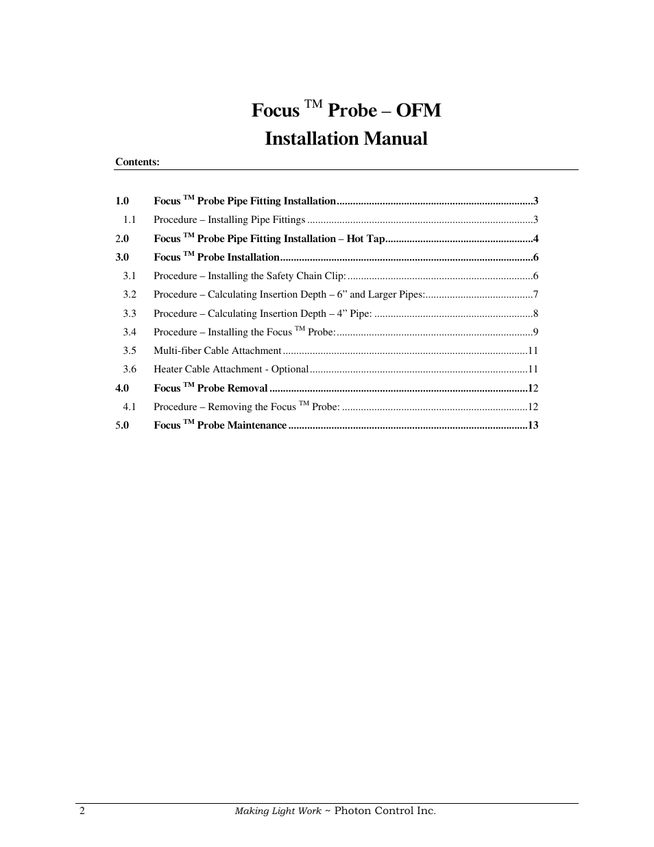 Focus, Probe – ofm installation manual | COSA Xentaur Optical Flow Meter User Manual | Page 2 / 17