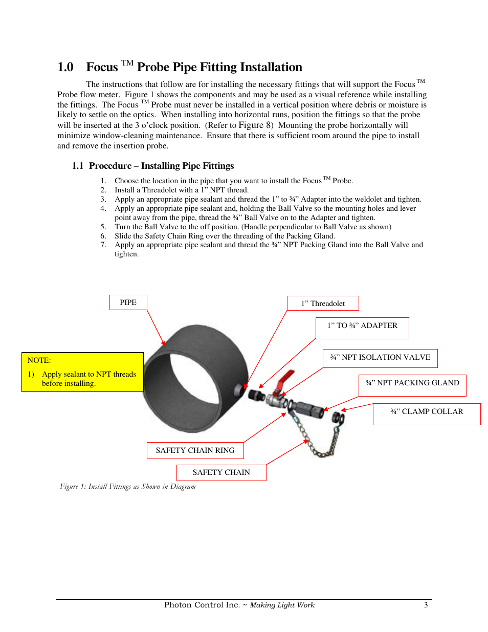 0 focus, Probe pipe fitting installation | COSA Xentaur Optical Flow Meter User Manual | Page 3 / 17