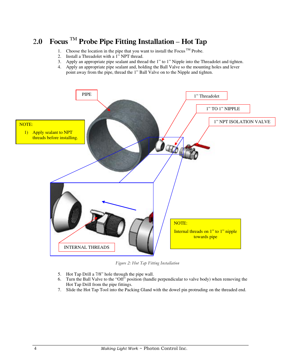 0 focus, Probe pipe fitting installation – hot tap | COSA Xentaur Optical Flow Meter User Manual | Page 4 / 17