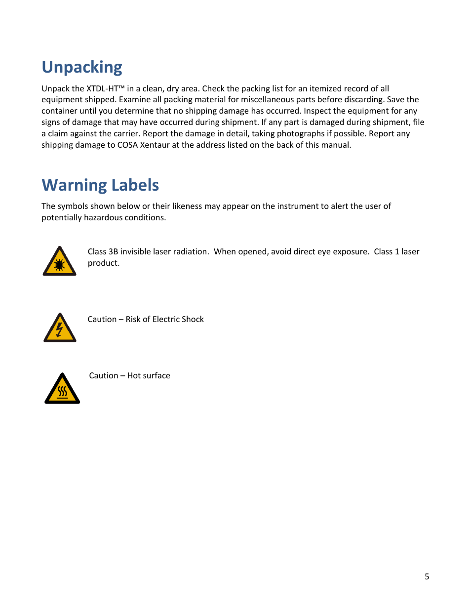 Unpacking, Warning labels | COSA Xentaur Xentaur XDTL-HT User Manual | Page 5 / 56