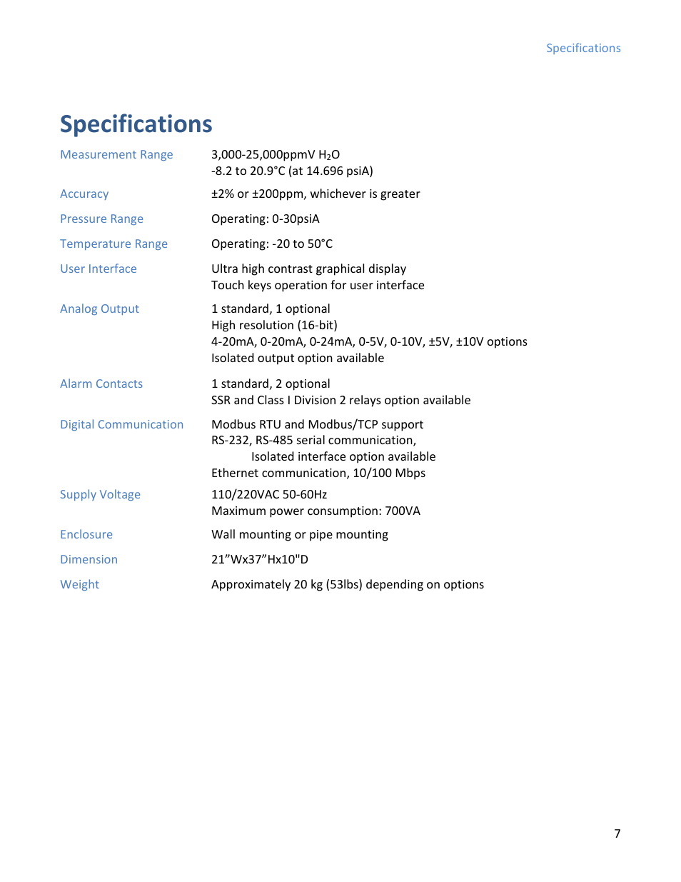 Specifications | COSA Xentaur Xentaur XDTL-HT User Manual | Page 7 / 56