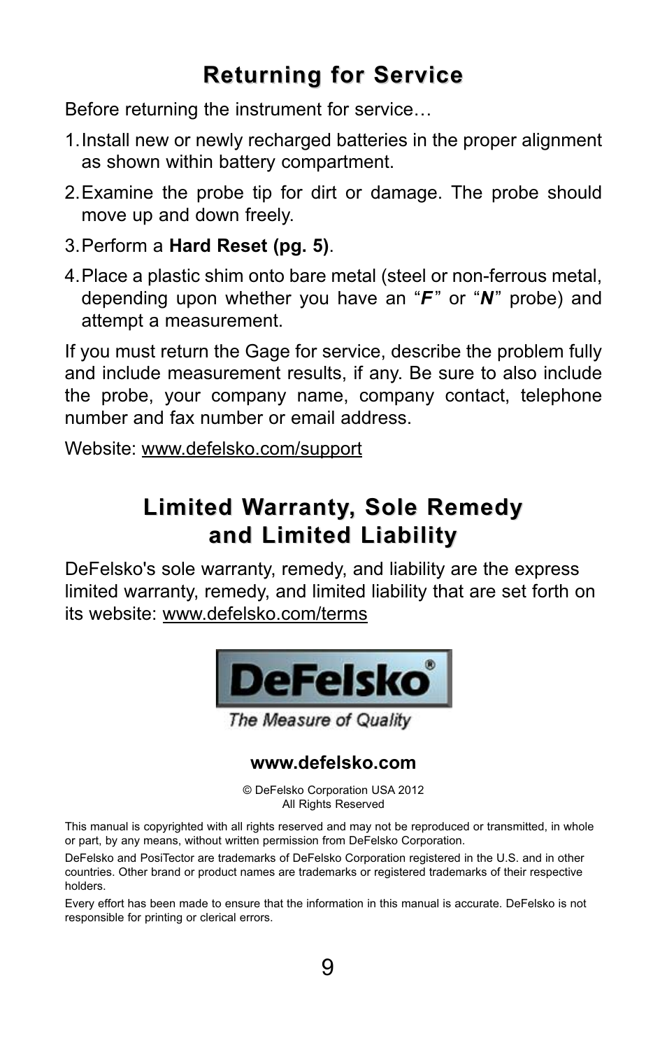 Returning for service, Limited warranty, sole remedy | DeFelsko PosiTector 6000 v.7.3 Quick Guide User Manual | Page 10 / 38