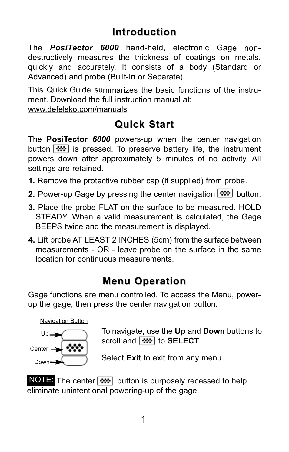 Introduction, Quick start, Menu operation | DeFelsko PosiTector 6000 v.7.3 Quick Guide User Manual | Page 2 / 38