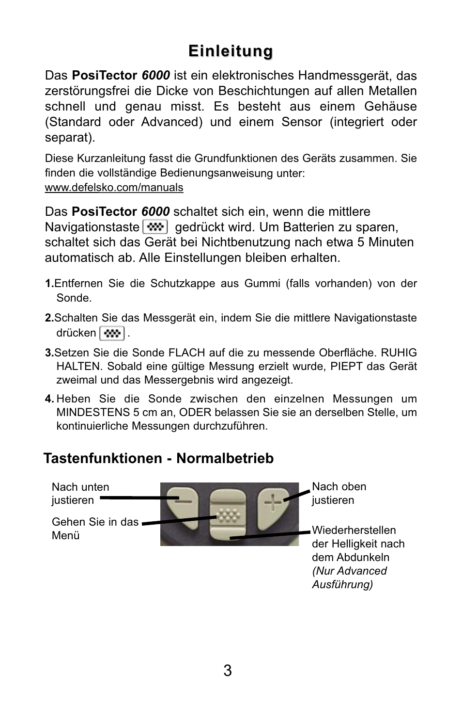 3einleitung einleitung, Tastenfunktionen - normalbetrieb | DeFelsko PosiTector 6000 v.7.3 Quick Guide User Manual | Page 21 / 38
