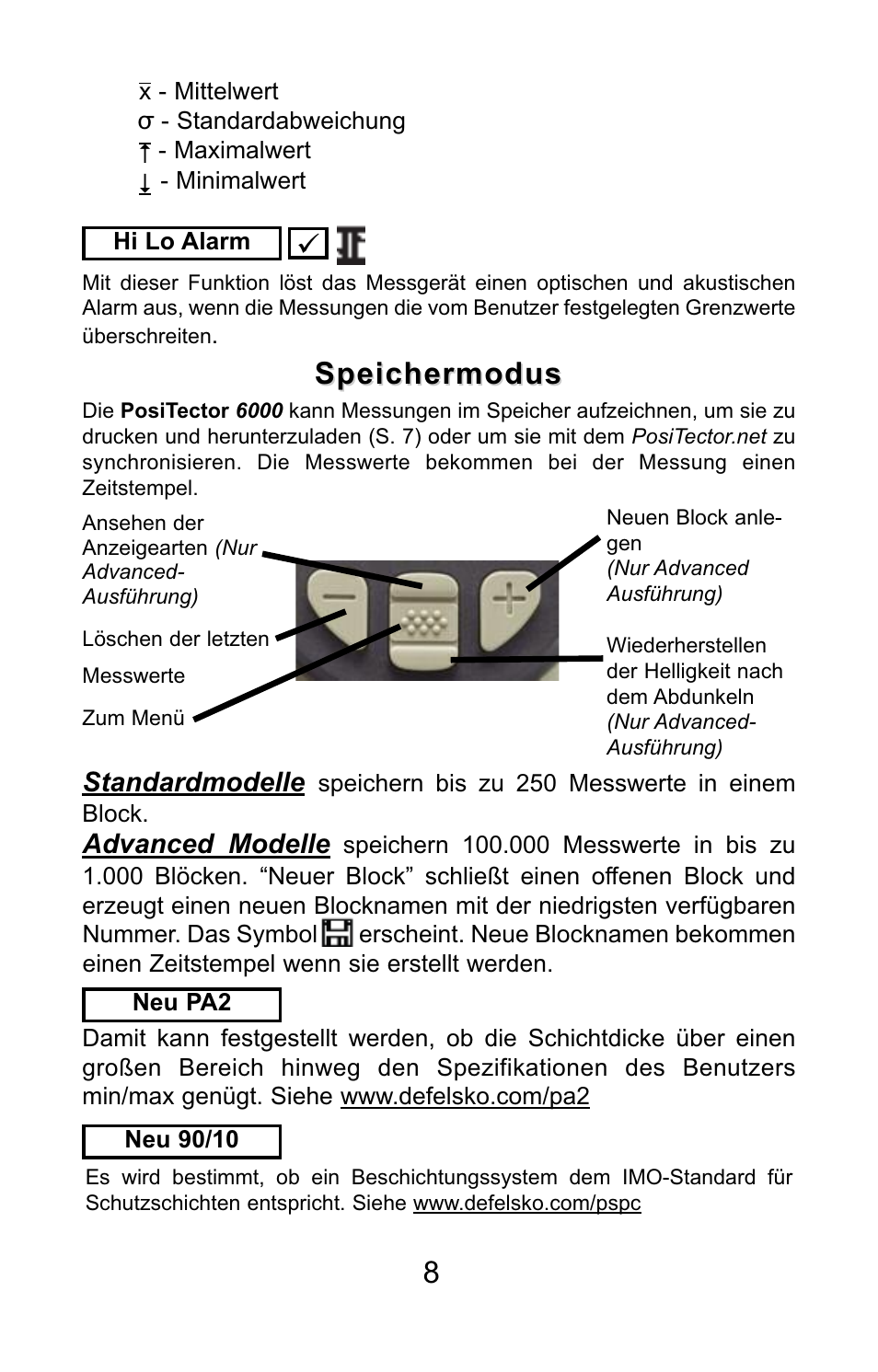 Speichermodus, Standardmodelle, Advanced modelle | DeFelsko PosiTector 6000 v.7.3 Quick Guide User Manual | Page 26 / 38