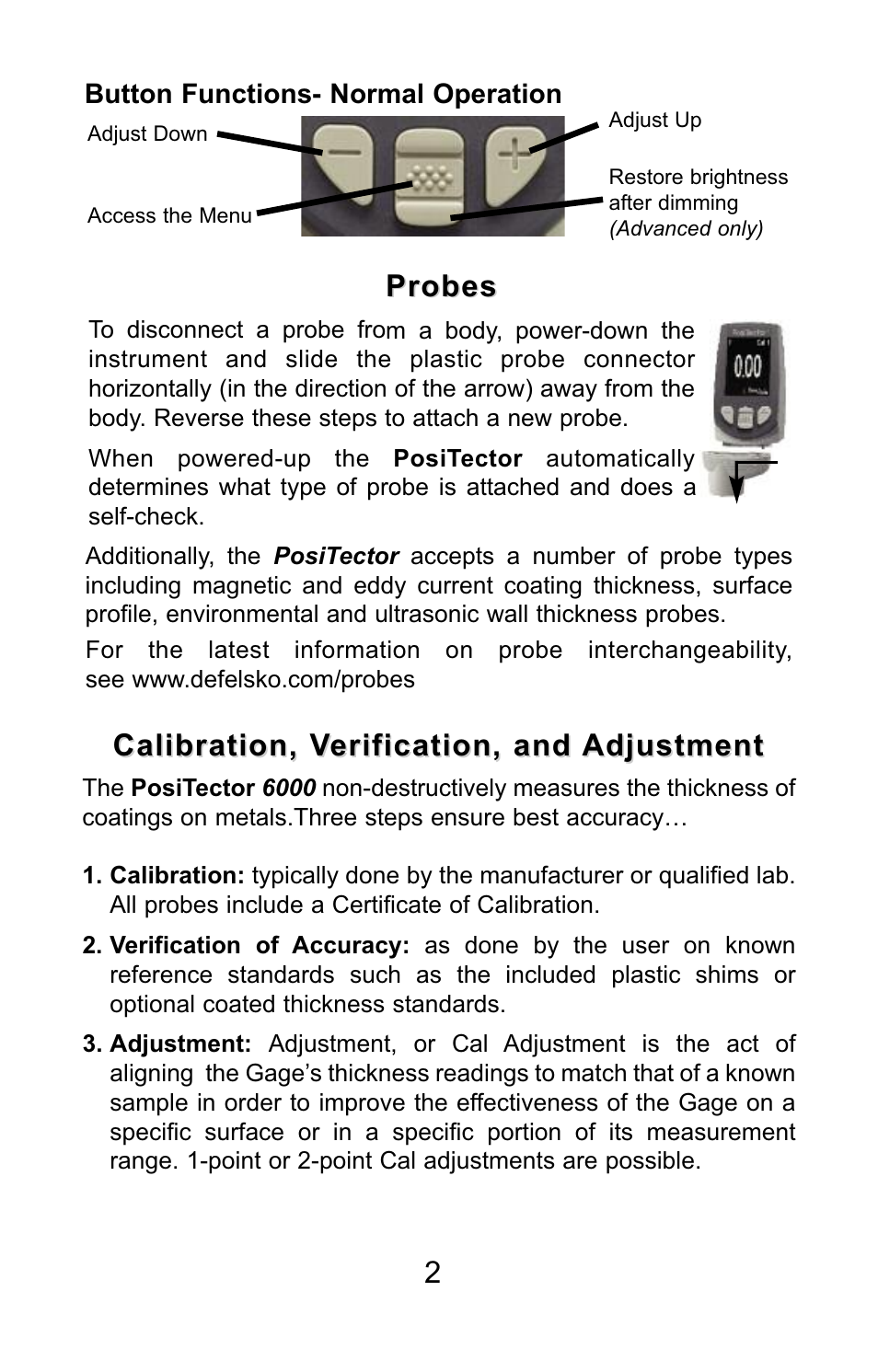Probes, Calibration, verification, and adjustment | DeFelsko PosiTector 6000 v.7.3 Quick Guide User Manual | Page 3 / 38