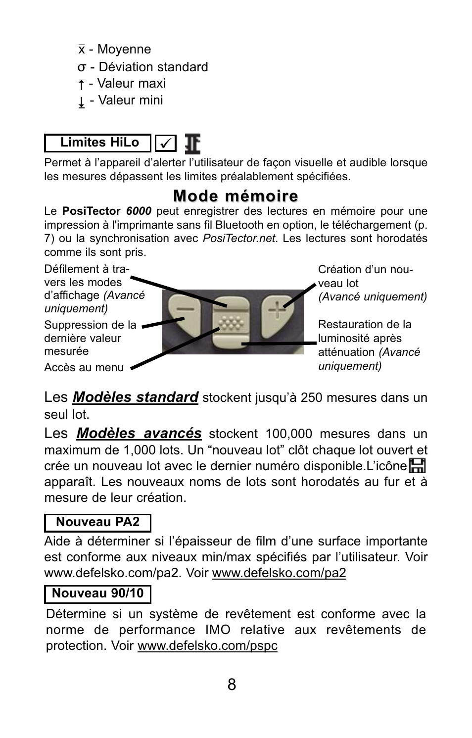 Mode mémoire, Les modèles standard, Les modèles avancés | DeFelsko PosiTector 6000 v.7.3 Quick Guide User Manual | Page 35 / 38