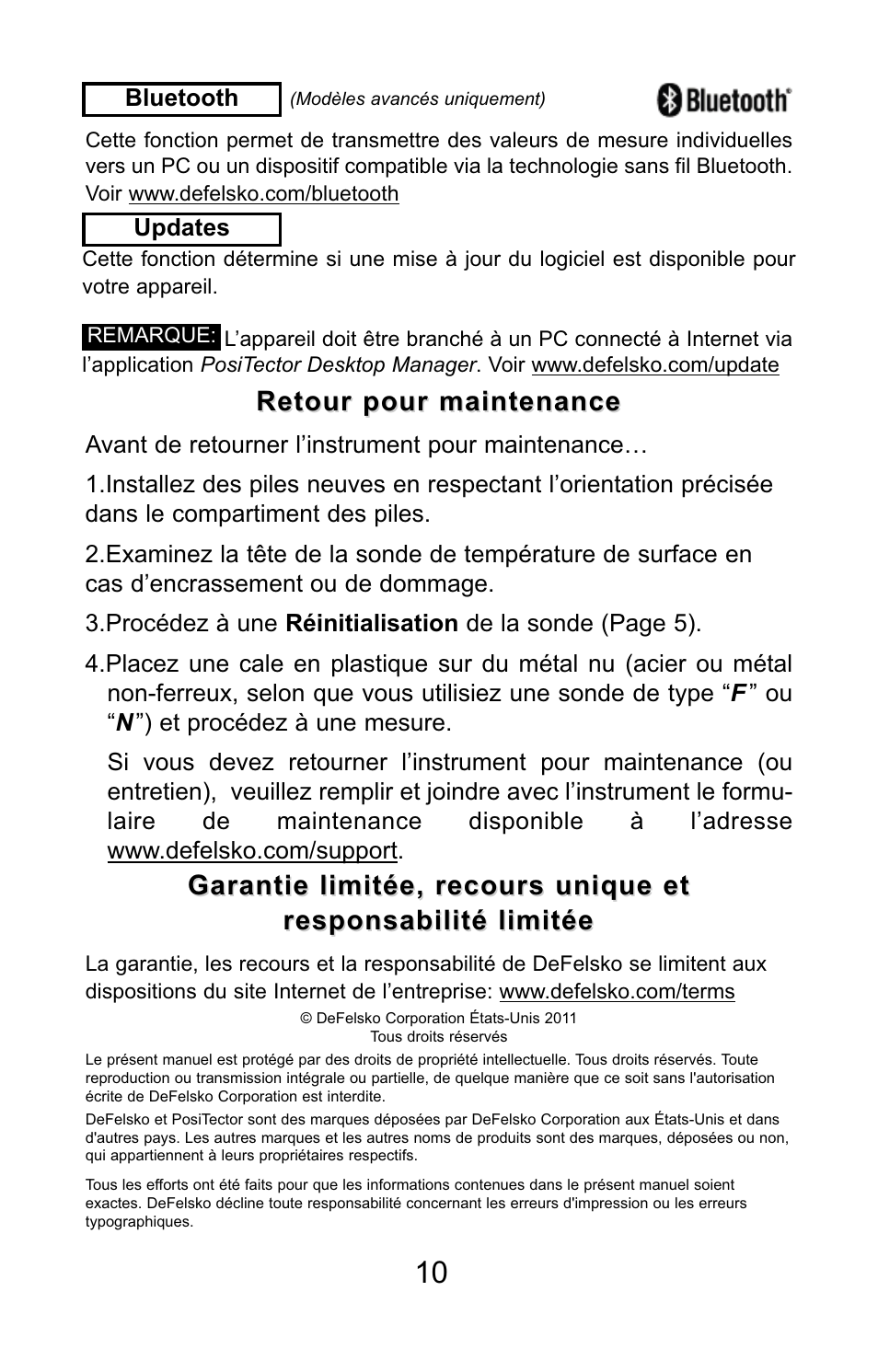 Retour pour maintenance, Garantie limitée, recours unique et | DeFelsko PosiTector 6000 v.7.3 Quick Guide User Manual | Page 37 / 38