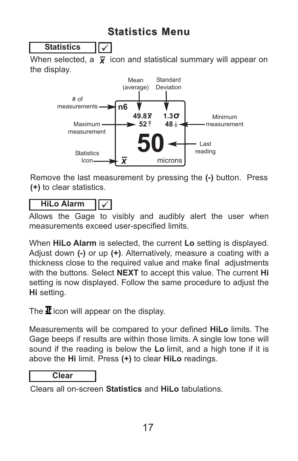 Statistics menu | DeFelsko PosiTector 6000 v.7.3 Full Manual User Manual | Page 20 / 44