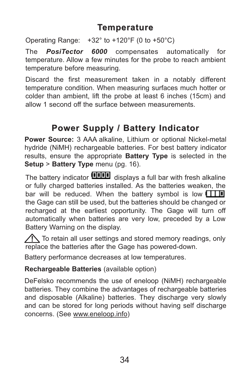 34 temperature temperature, Power supply / battery indicator | DeFelsko PosiTector 6000 v.7.3 Full Manual User Manual | Page 37 / 44