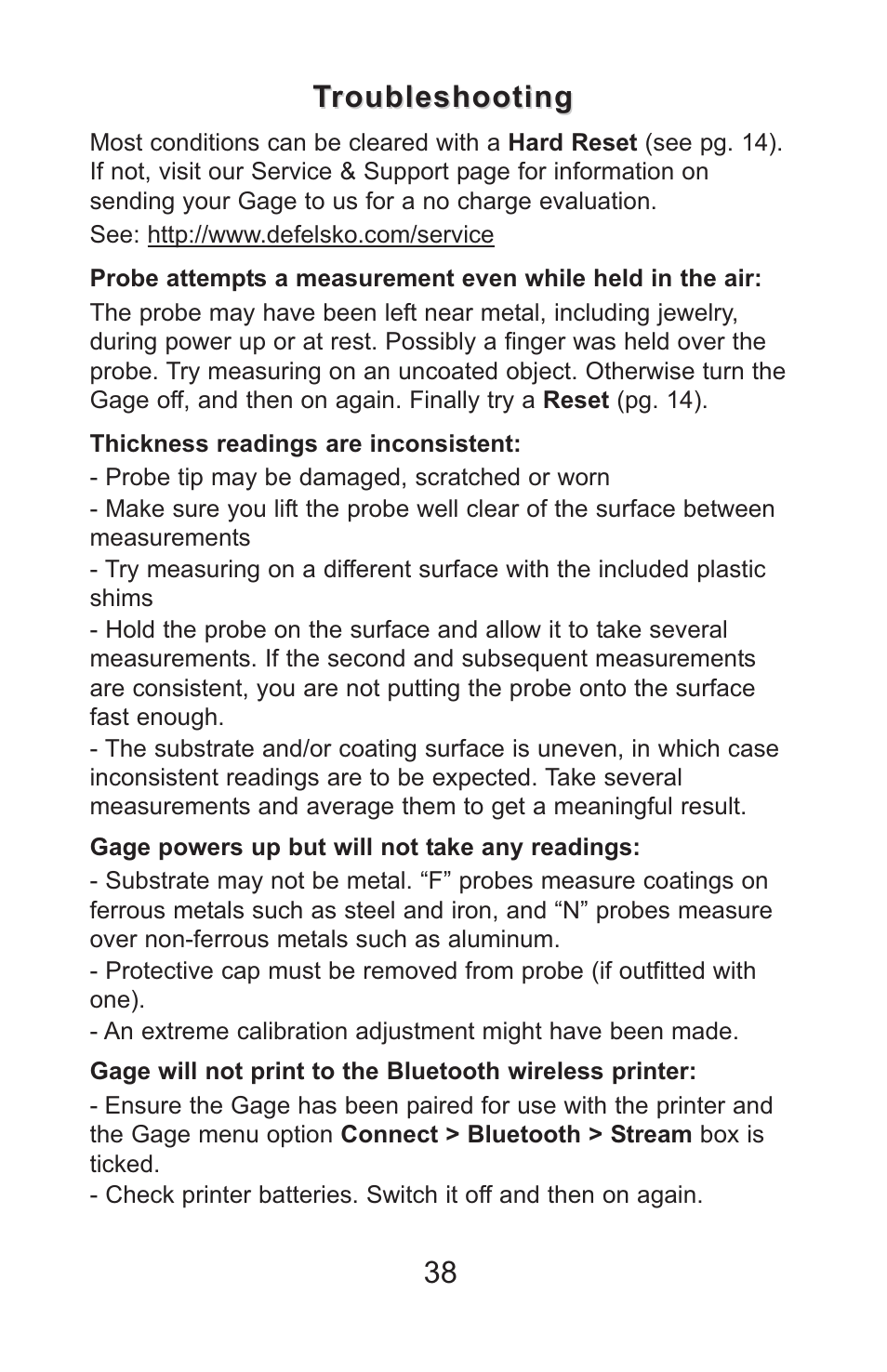 38 troubleshooting troubleshooting | DeFelsko PosiTector 6000 v.7.3 Full Manual User Manual | Page 41 / 44