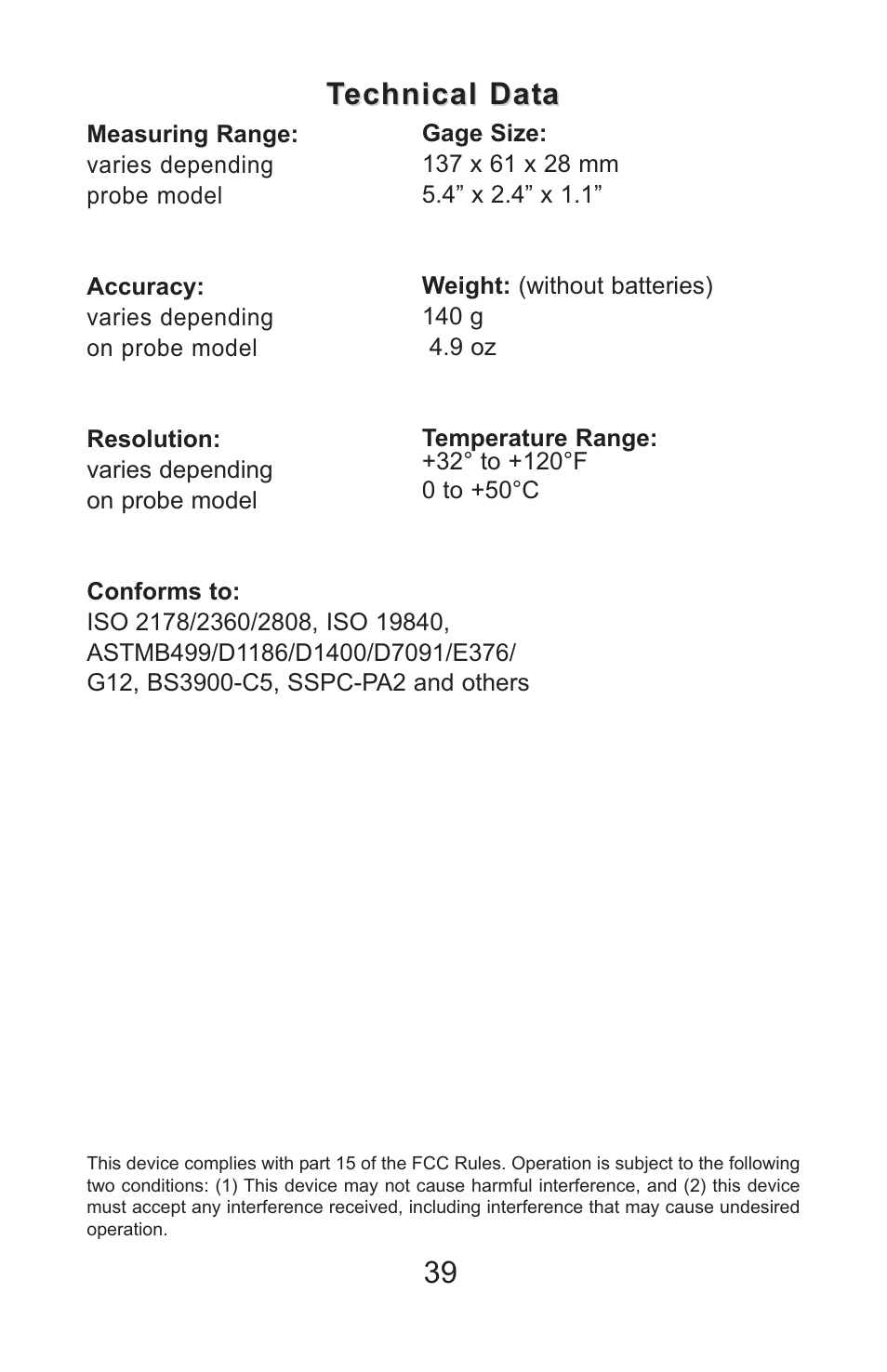 Technical data | DeFelsko PosiTector 6000 v.7.3 Full Manual User Manual | Page 42 / 44