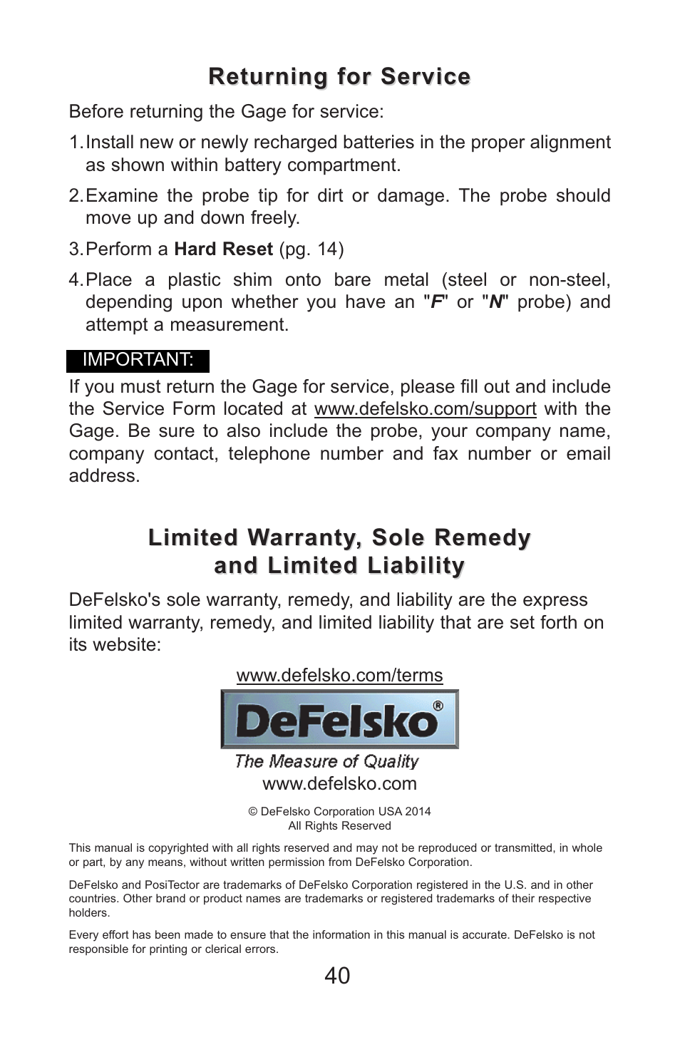 Returning for service | DeFelsko PosiTector 6000 v.7.3 Full Manual User Manual | Page 43 / 44