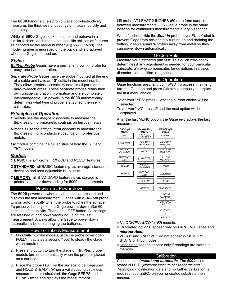 Styles, Principles of operation, Models | Power-up / power-down, How to take a measurement, Golden rule, Menu operation, Calibration | DeFelsko PosiTector 6000 v.3.0 User Manual | Page 2 / 7