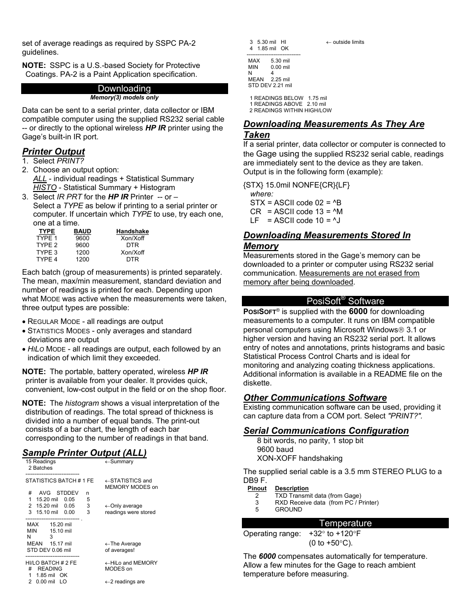 Downloading, Printer output, Sample printer output (all) | Downloading measurements as they are taken, Posisoft, Software, Other communications software, Serial communications configuration, Temperature, Gage using | DeFelsko PosiTector 6000 v.3.0 User Manual | Page 5 / 7