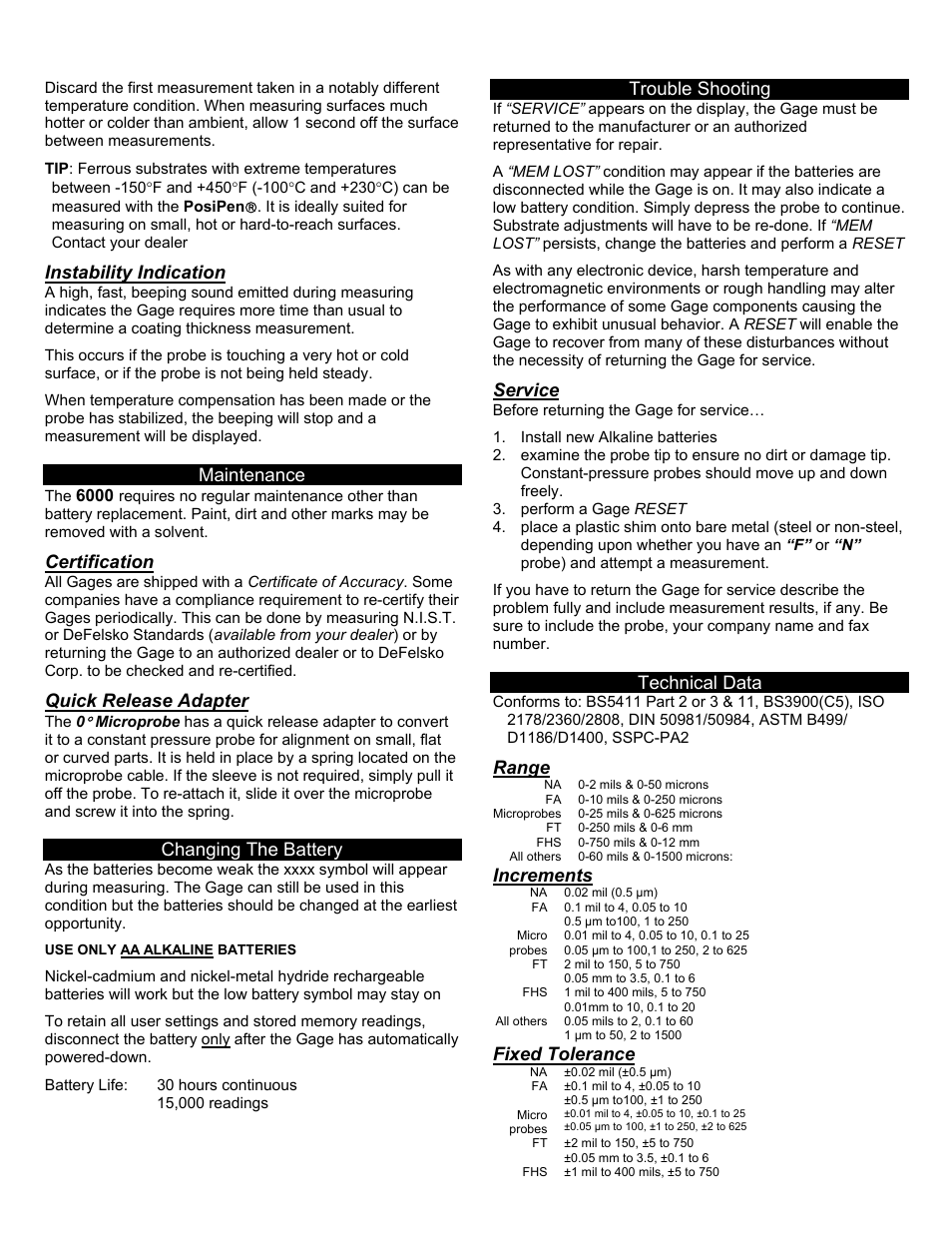 Instability indication, Maintenance, Certification | Quick release adapter, Changing the battery, Trouble shooting, Service, Technical data, Range, Increments | DeFelsko PosiTector 6000 v.3.0 User Manual | Page 6 / 7