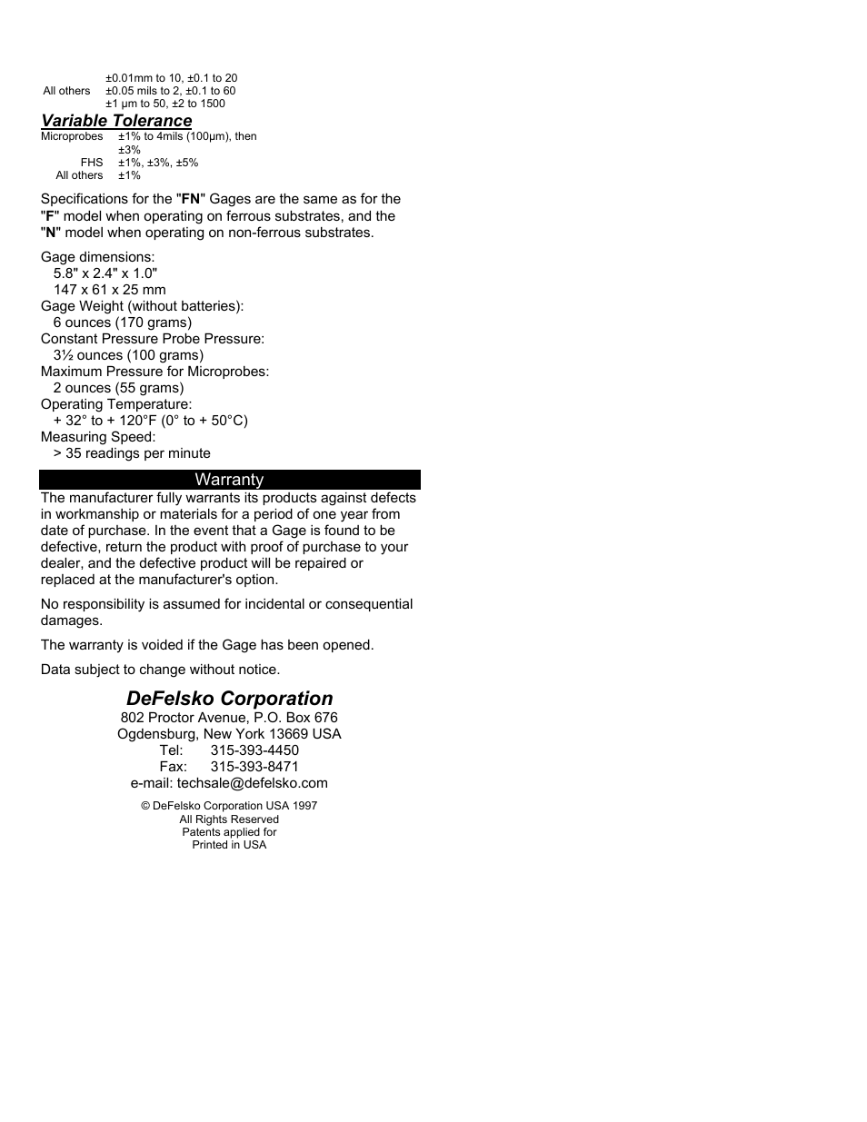 Defelsko corporation, Variable tolerance, Warranty | DeFelsko PosiTector 6000 v.3.0 User Manual | Page 7 / 7