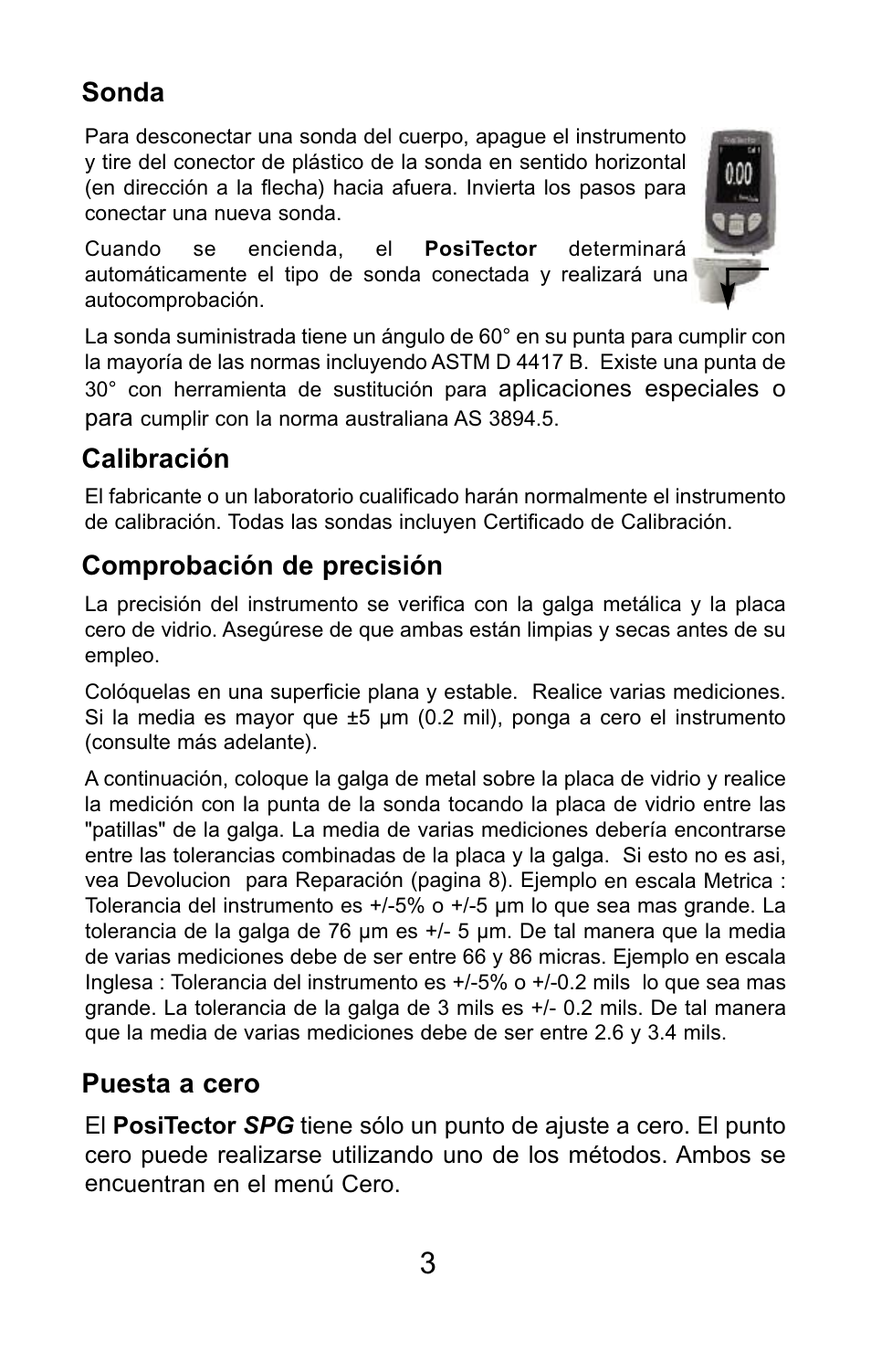 Calibración, Comprobación de precisión, Sonda puesta a cero | DeFelsko PosiTector SPG v.1.1 Quick Guide User Manual | Page 12 / 37