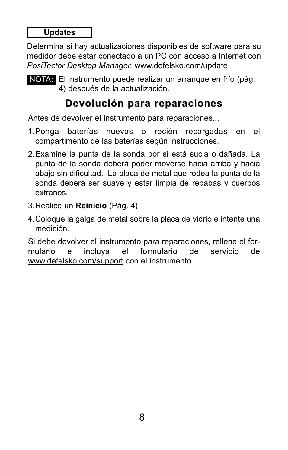 Devolución para reparaciones | DeFelsko PosiTector SPG v.1.1 Quick Guide User Manual | Page 17 / 37