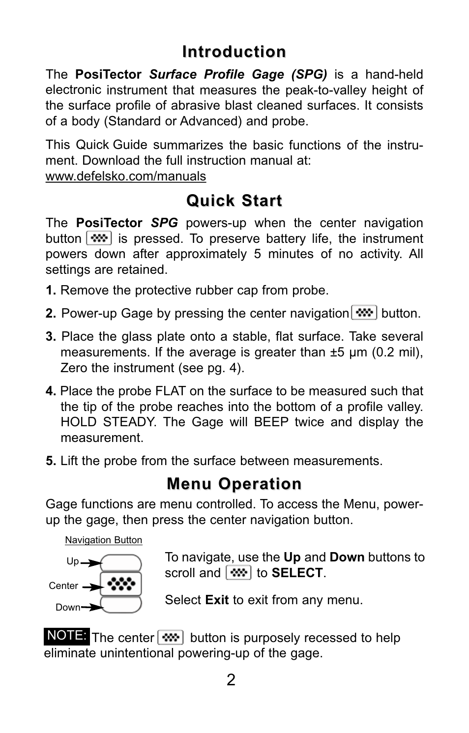 2introduction introduction, Quick start, Menu operation | DeFelsko PosiTector SPG v.1.1 Quick Guide User Manual | Page 2 / 37