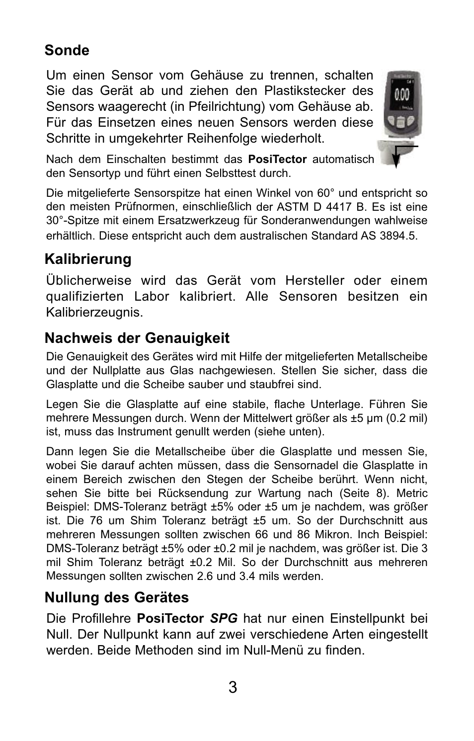 Kalibrierung, Nachweis der genauigkeit, Sonde nullung des gerätes | DeFelsko PosiTector SPG v.1.1 Quick Guide User Manual | Page 21 / 37