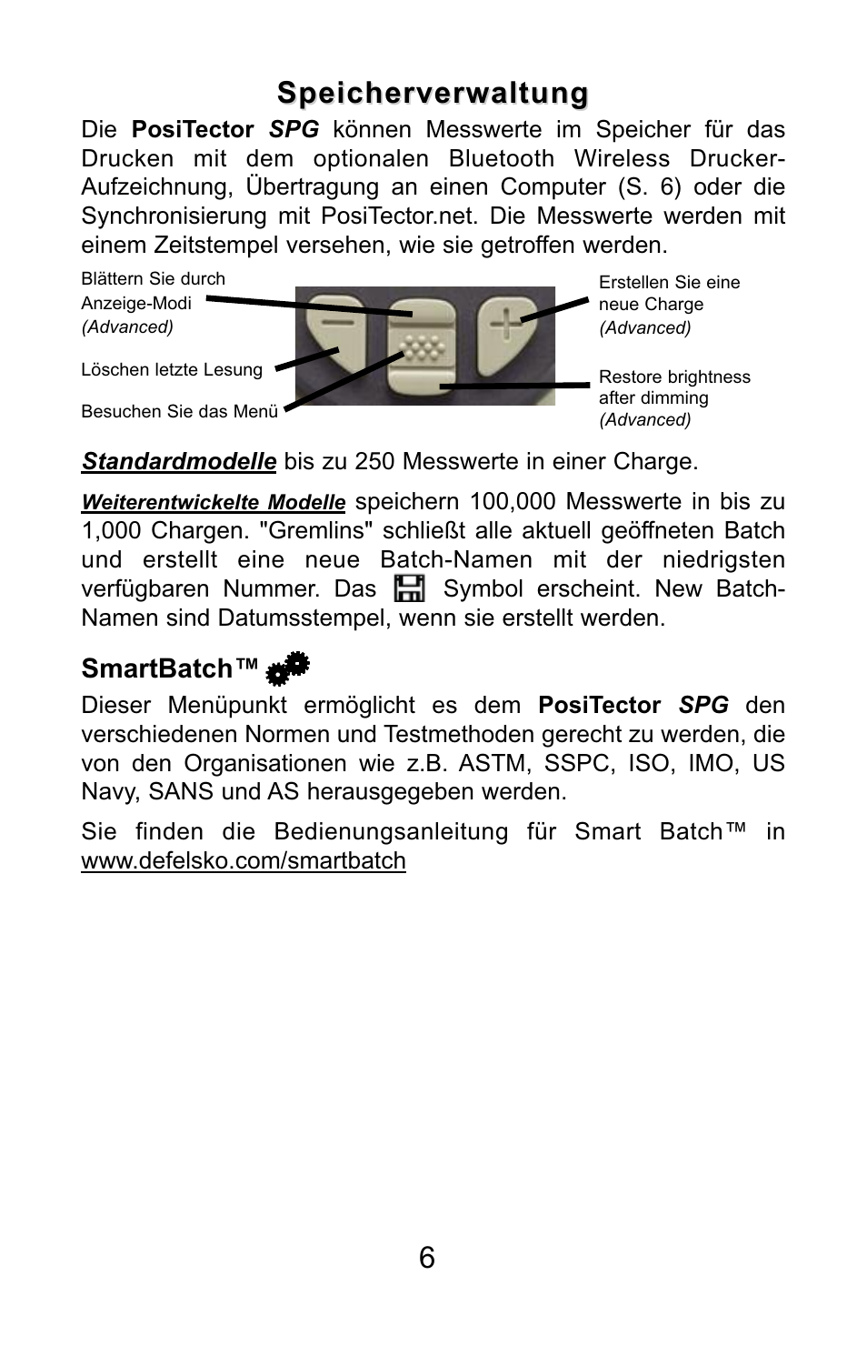 Speicherverwaltung, Smartbatch | DeFelsko PosiTector SPG v.1.1 Quick Guide User Manual | Page 24 / 37