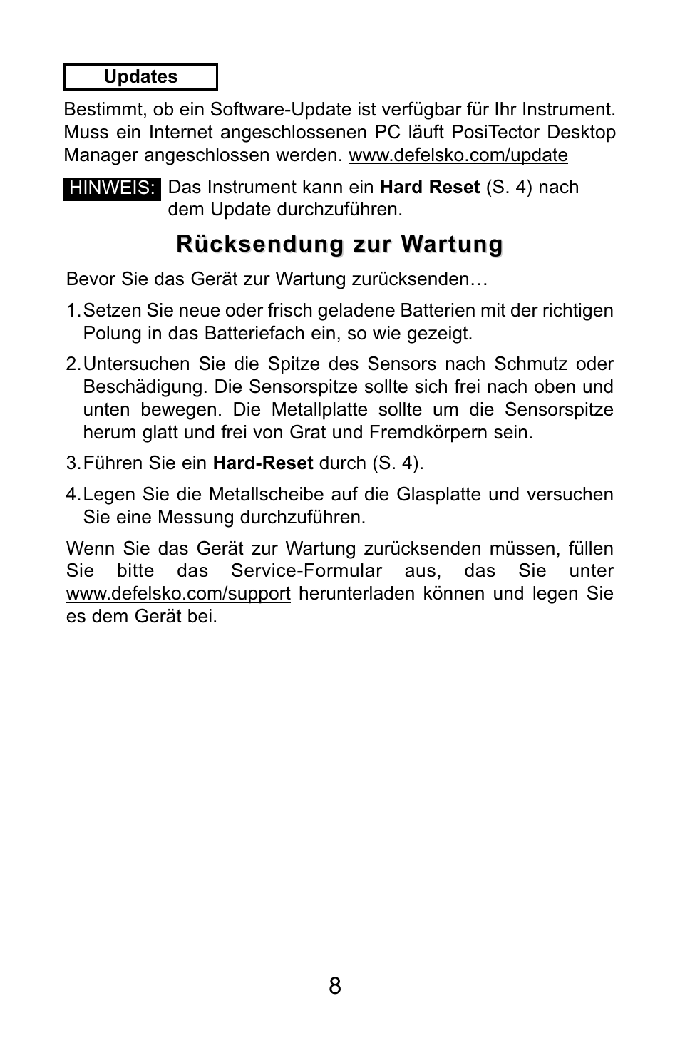 Rücksendung zur wartung | DeFelsko PosiTector SPG v.1.1 Quick Guide User Manual | Page 26 / 37