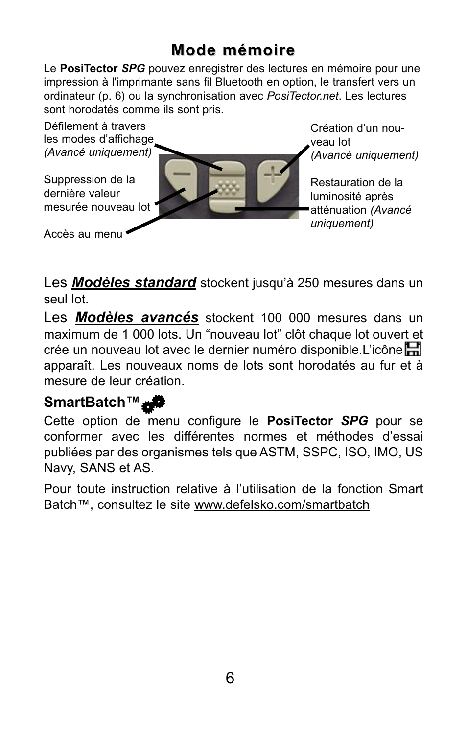 Mode mémoire, Les modèles avancés, Les modèles standard | Smartbatch | DeFelsko PosiTector SPG v.1.1 Quick Guide User Manual | Page 33 / 37