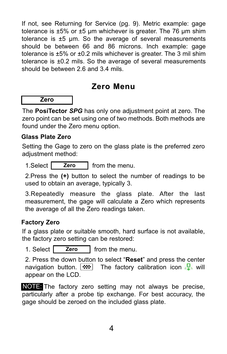 Zero menu | DeFelsko PosiTector SPG v.1.1 Quick Guide User Manual | Page 4 / 37