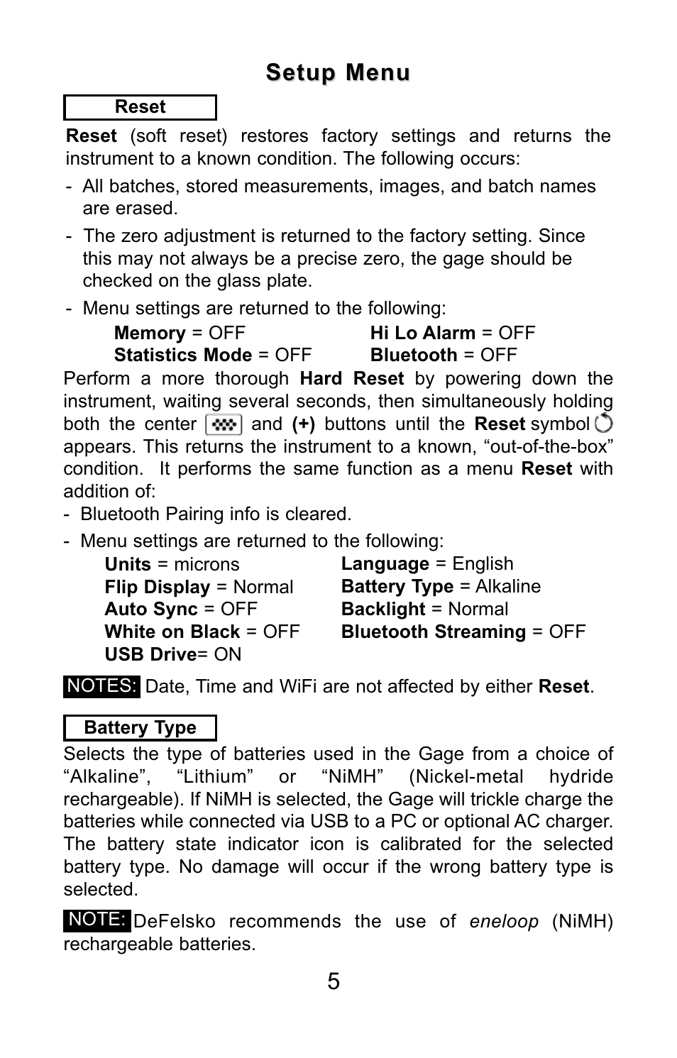 Setup menu | DeFelsko PosiTector SPG v.1.1 Quick Guide User Manual | Page 5 / 37