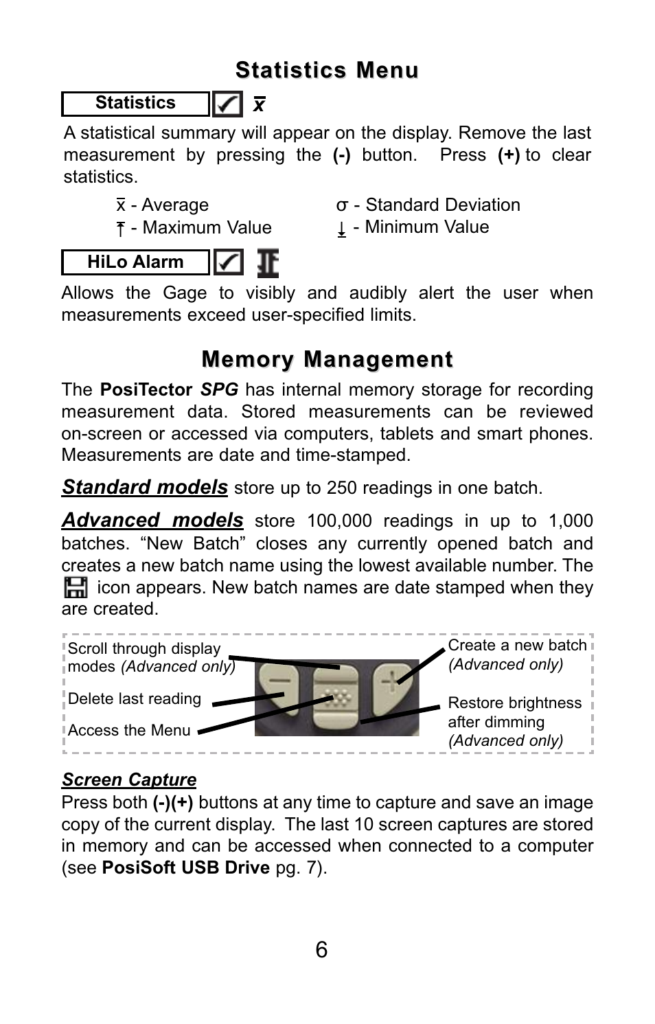 Statistics menu | DeFelsko PosiTector SPG v.1.1 Quick Guide User Manual | Page 6 / 37