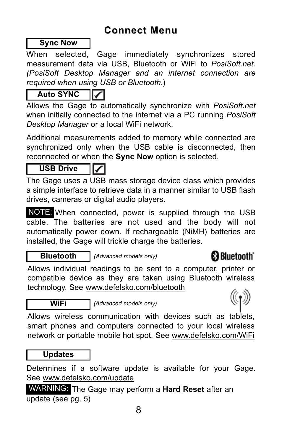 Connect menu | DeFelsko PosiTector SPG v.1.1 Quick Guide User Manual | Page 8 / 37