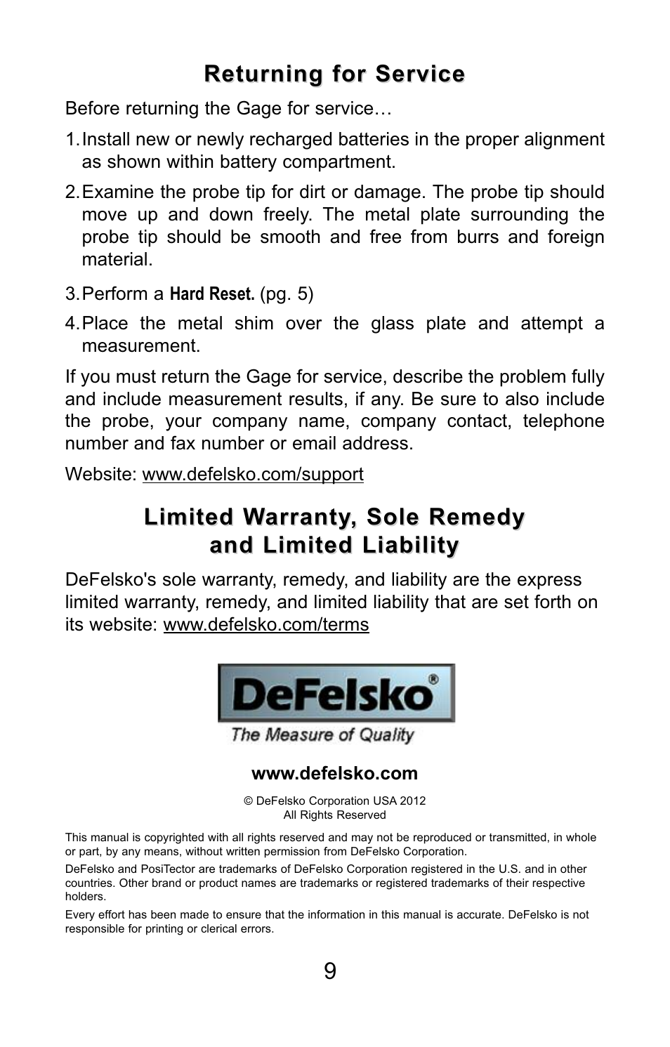 Limited warranty, sole remedy, Returning for service | DeFelsko PosiTector SPG v.1.1 Quick Guide User Manual | Page 9 / 37