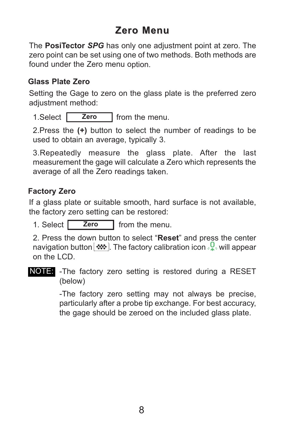 8zero menu zero menu | DeFelsko PosiTector SPG v.1.1 Full Manual User Manual | Page 11 / 35