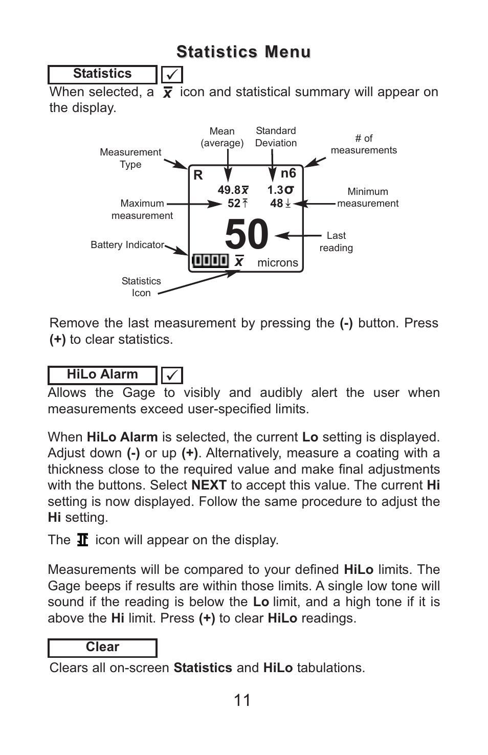 Statistics menu | DeFelsko PosiTector SPG v.1.1 Full Manual User Manual | Page 14 / 35