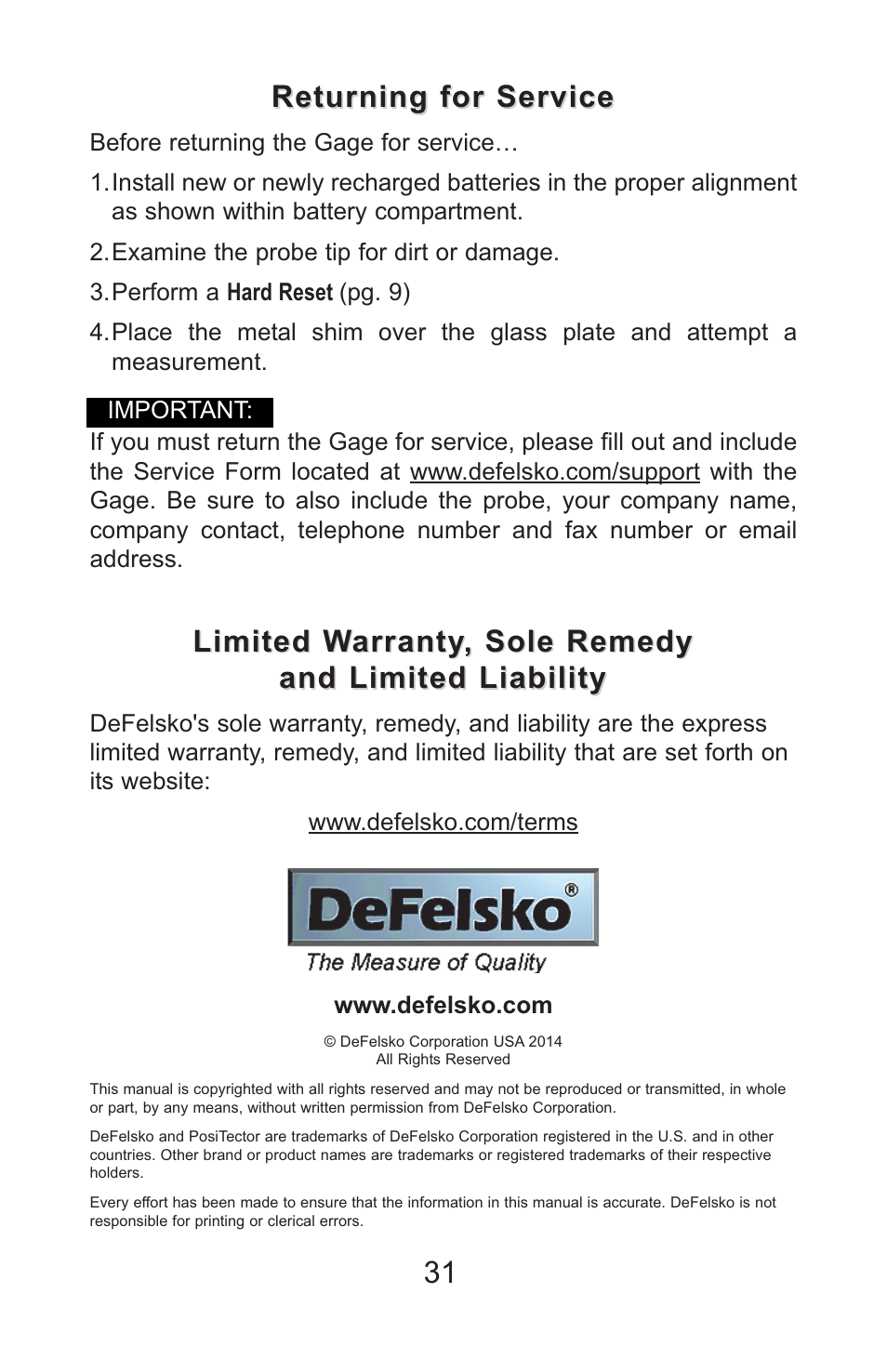 Returning for service | DeFelsko PosiTector SPG v.1.1 Full Manual User Manual | Page 34 / 35