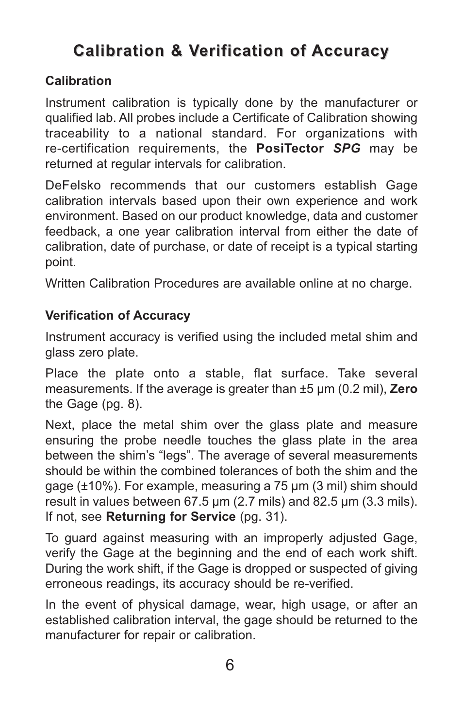 Calibration & verification of accuracy | DeFelsko PosiTector SPG v.1.1 Full Manual User Manual | Page 9 / 35