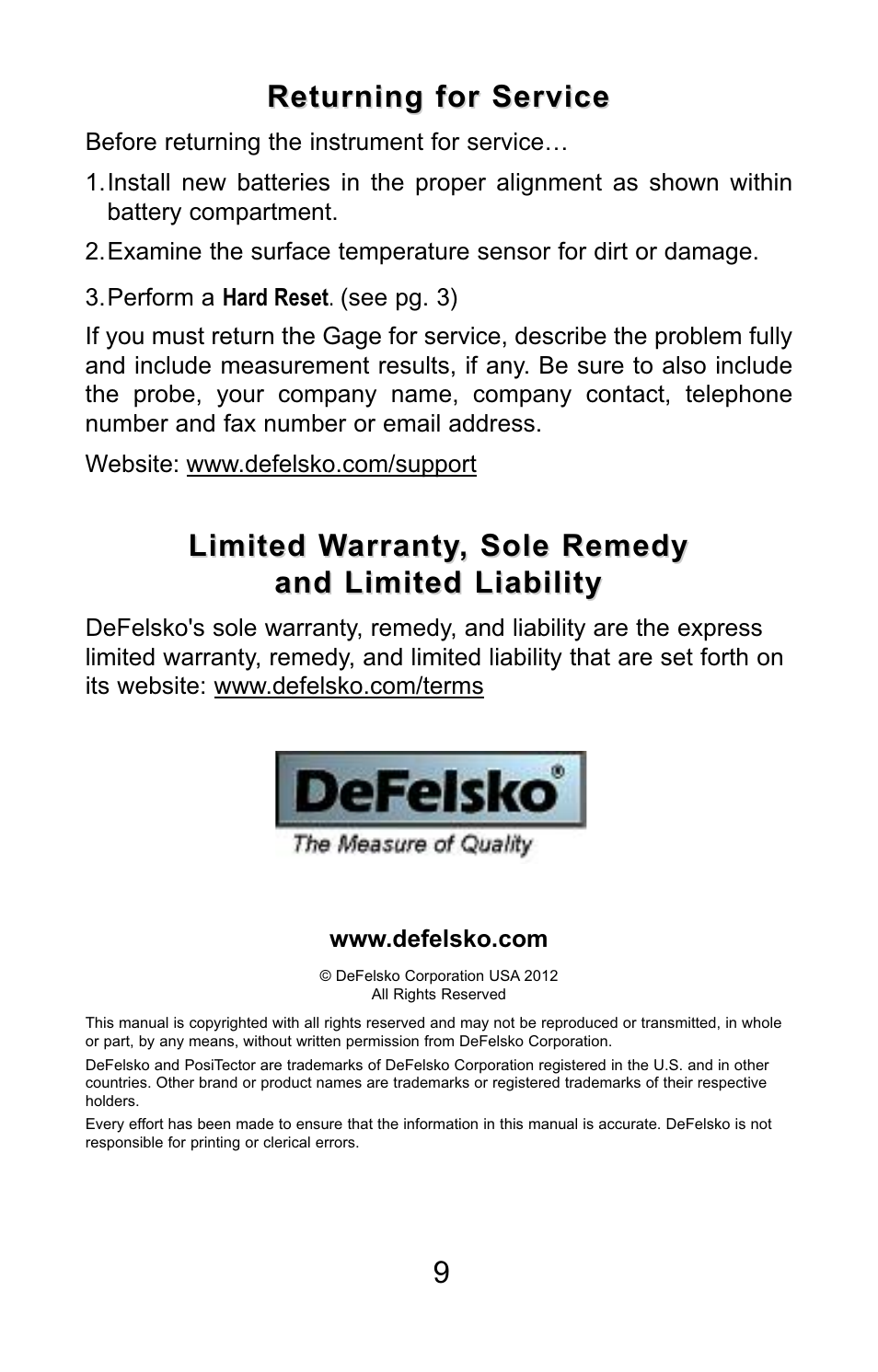 Limited warranty, sole remedy, Returning for service | DeFelsko PosiTector DPM v.3.1 Quick Guide User Manual | Page 10 / 38