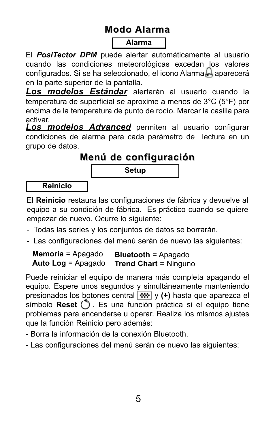 Menú de configuración, Modo alarma | DeFelsko PosiTector DPM v.3.1 Quick Guide User Manual | Page 15 / 38