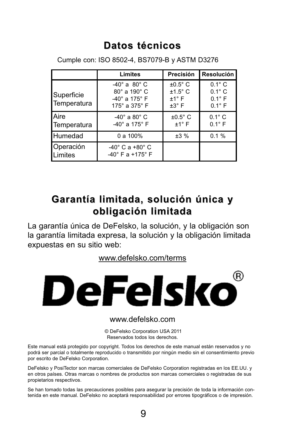 Datos técnicos | DeFelsko PosiTector DPM v.3.1 Quick Guide User Manual | Page 19 / 38