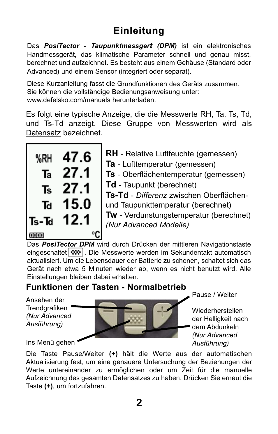 22 einleitung einleitung, Ts-td, Funktionen der tasten - normalbetrieb | DeFelsko PosiTector DPM v.3.1 Quick Guide User Manual | Page 21 / 38