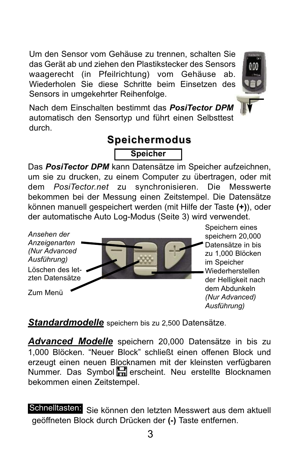 Speichermodus, Advanced modelle, Standardmodelle | DeFelsko PosiTector DPM v.3.1 Quick Guide User Manual | Page 22 / 38