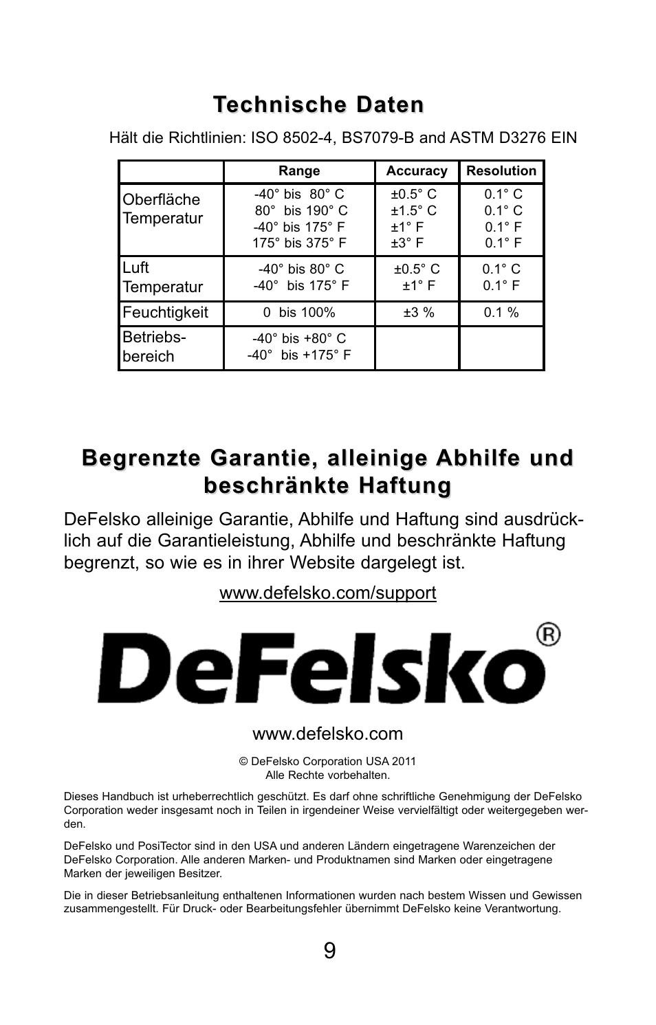 Technische daten | DeFelsko PosiTector DPM v.3.1 Quick Guide User Manual | Page 28 / 38
