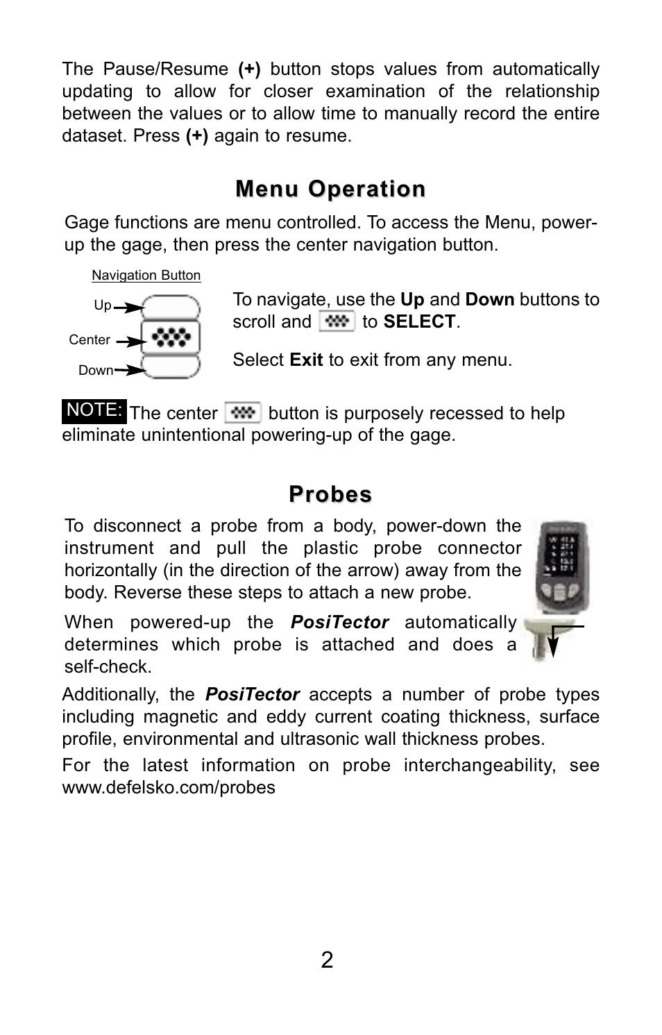 Probes, Menu operation | DeFelsko PosiTector DPM v.3.1 Quick Guide User Manual | Page 3 / 38