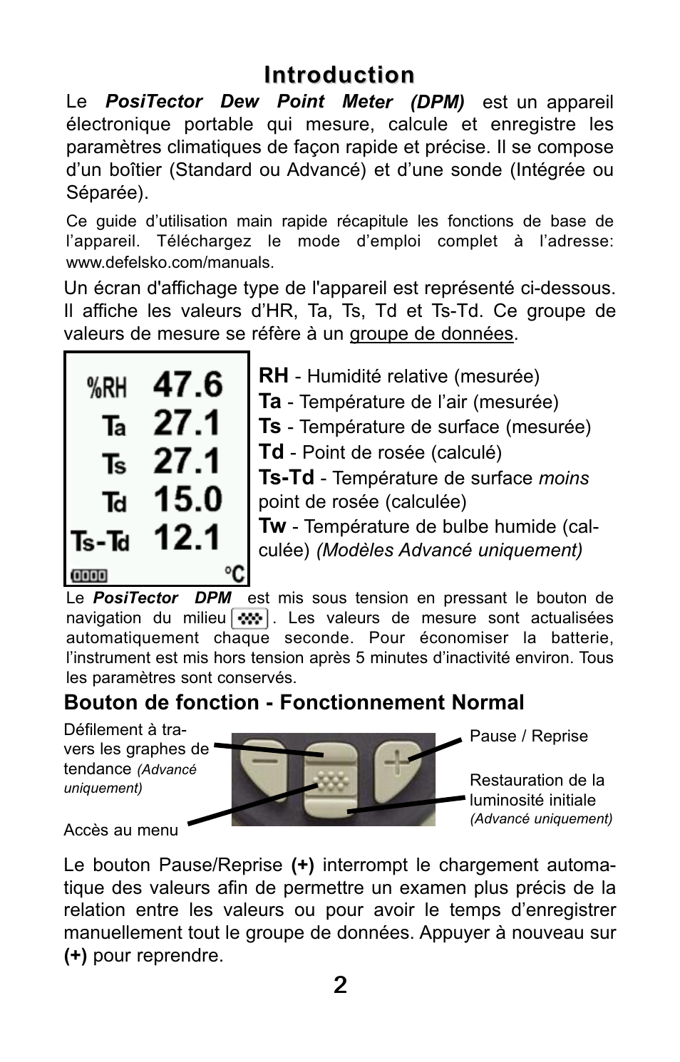 22 introduction introduction, Ts-td, Bouton de fonction - fonctionnement normal | DeFelsko PosiTector DPM v.3.1 Quick Guide User Manual | Page 30 / 38