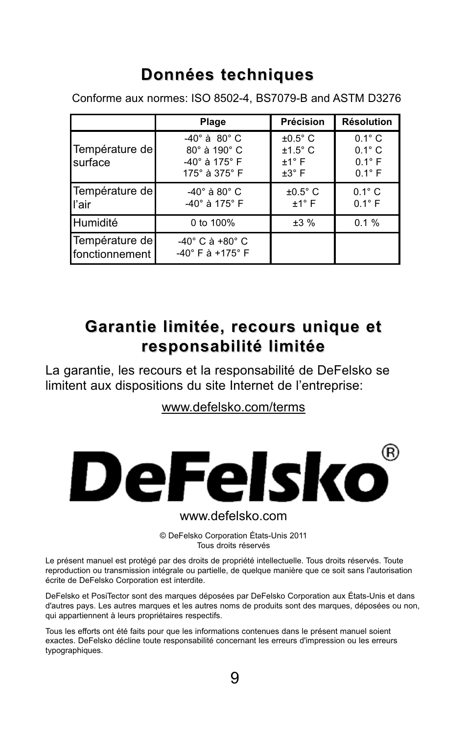 Données techniques | DeFelsko PosiTector DPM v.3.1 Quick Guide User Manual | Page 37 / 38