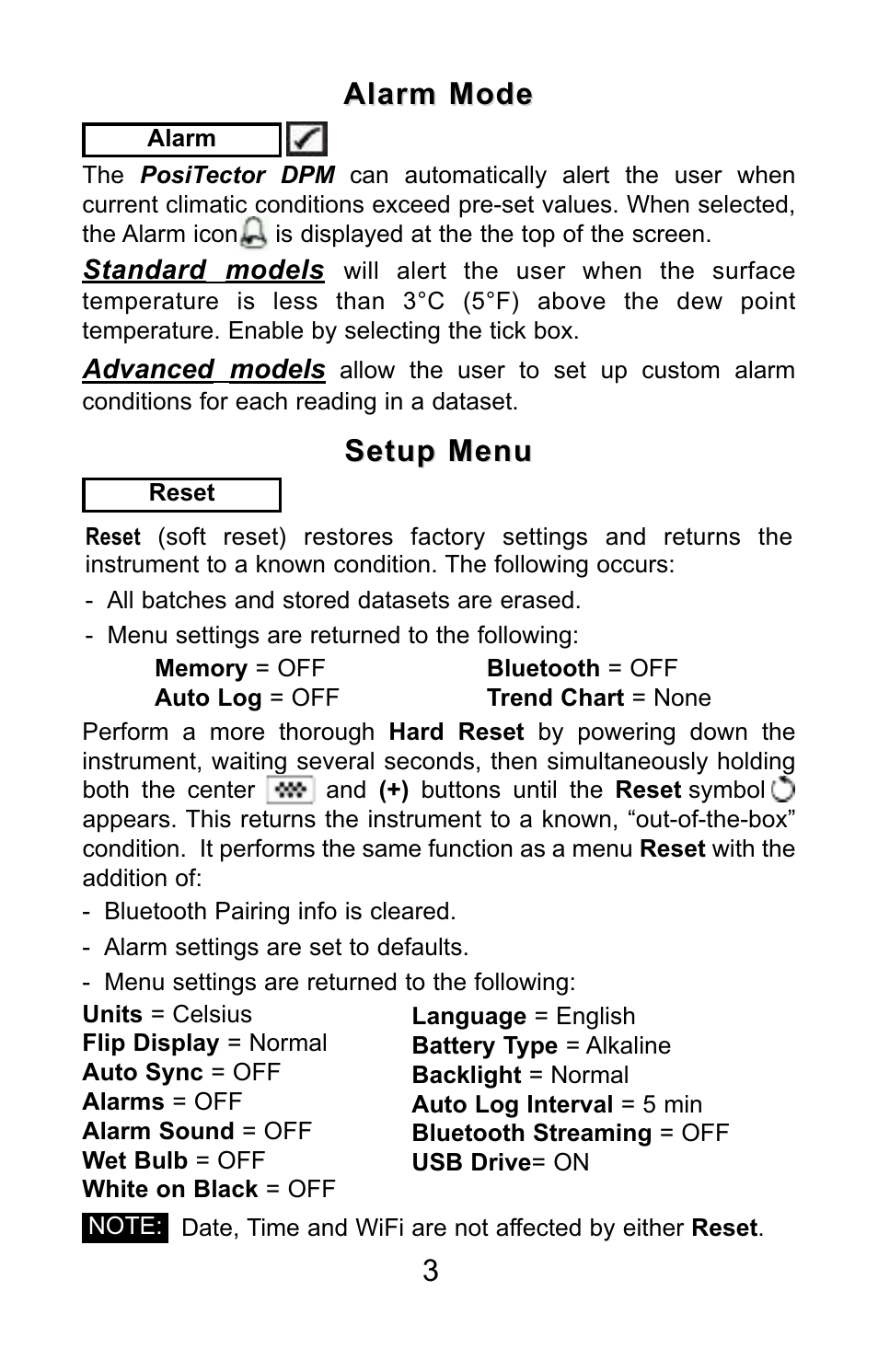 Alarm mode, Setup menu | DeFelsko PosiTector DPM v.3.1 Quick Guide User Manual | Page 4 / 38